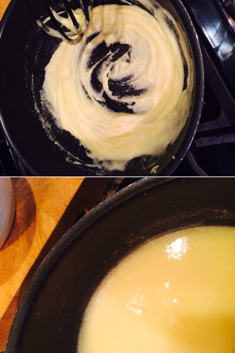  The upper picture I provided for this process showed how my velouté looked after the initial addition of stock. The lower picture showed the gentle boil that I was looking for to know when to add additional stock as the sauce was coming together.